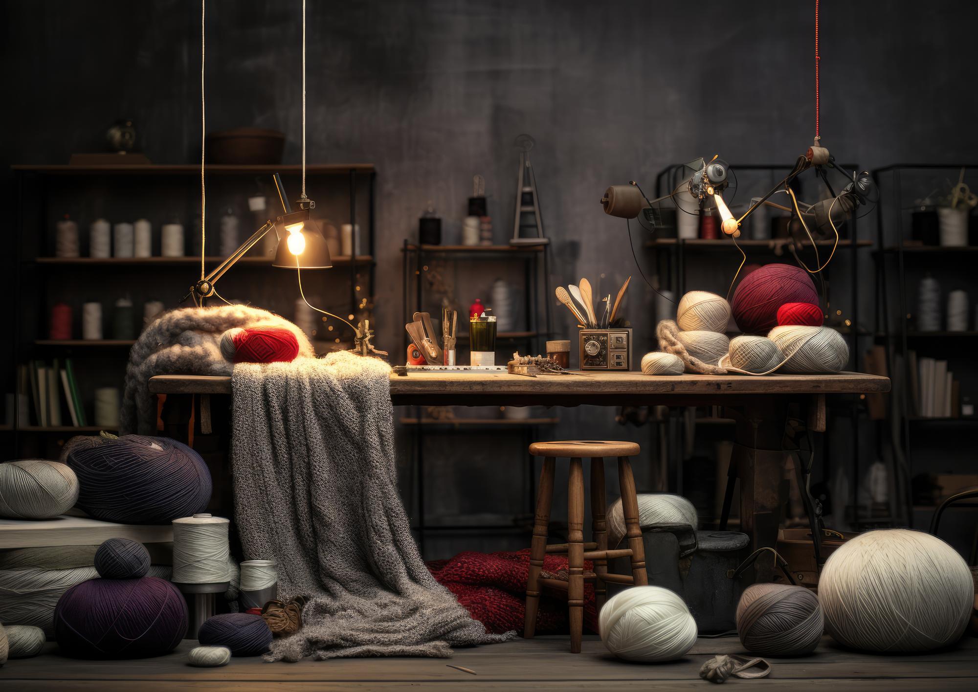 Interno atelier con tavolo e fili pregiati